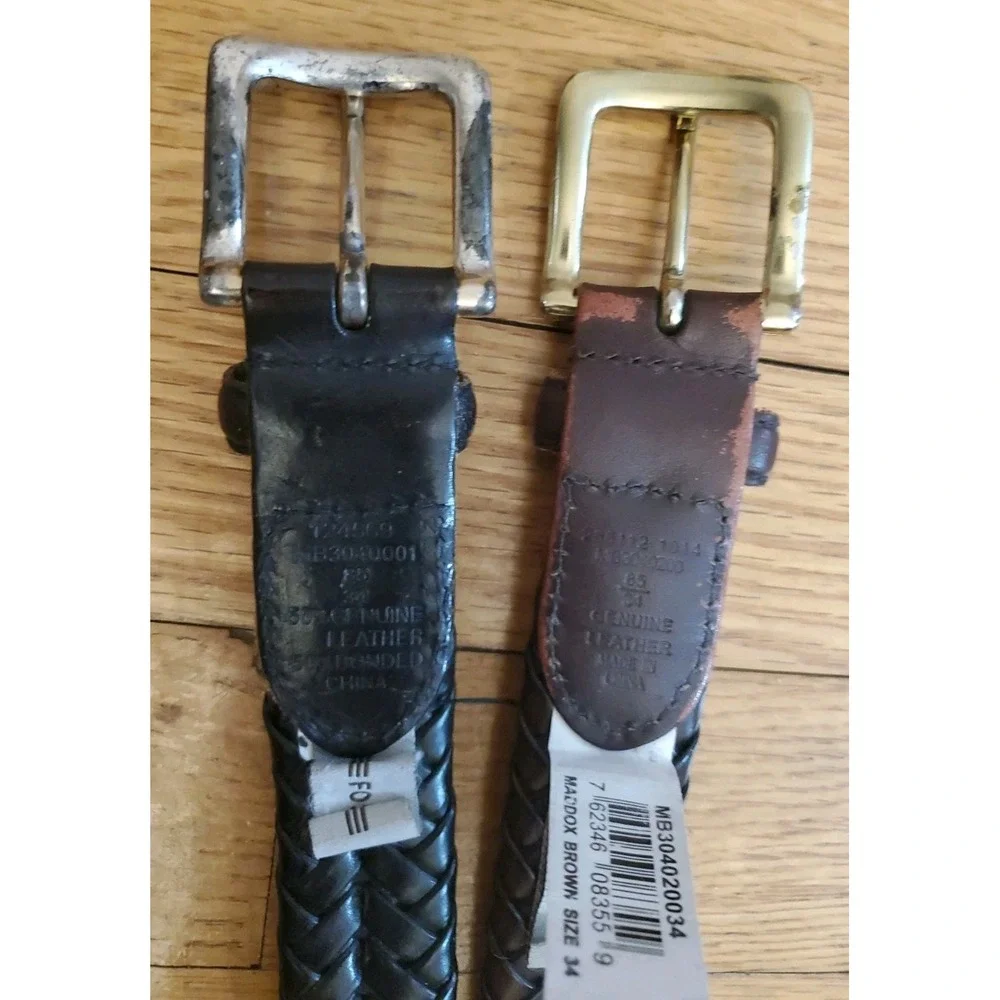 Lot Of 2 FOSSIL Mens Braided Brown & Black Leather Belts 34 Distressed